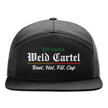Load image into Gallery viewer, Weld Cartel Five Panel Black Trucker Hat
